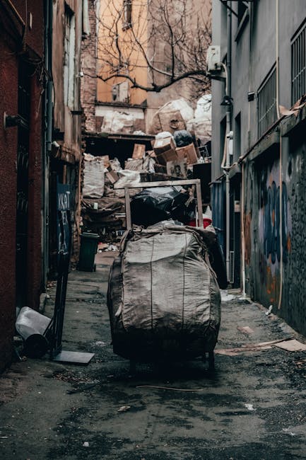 A black, wheeled rubbish trolleys with a large fabric bag closure, positioned in the centre of a narrow urban alleyway, surrounded by piles of mixed waste materials including cardboard boxes, plastic bags, and discarded packaging at the back. The alley is flanked by graffiti-covered walls on the right and weathered, brick and metal surfaces on the left, with some exposed pipelines and electrical conduits visible. In the background, an assortment of damaged cardboard boxes, paper debris, and plastic waste is stacked irregularly against a makeshift wall, suggesting accumulation of waste typical of private refuse collection or on-site clearance. The ground is dark, uneven, and stained, indicative of frequent use for rubbish disposal. The scene appears to be outdoors, lit by natural daylight, with bare tree branches overhead and surrounding buildings that imply an inner-city setting where waste might be temporarily stored before disposal, aligning with practices beyond municipal rubbish removal services, as addressed in the context of private waste handling and rubbish removal services by rubbishremovalwestkensington.com.